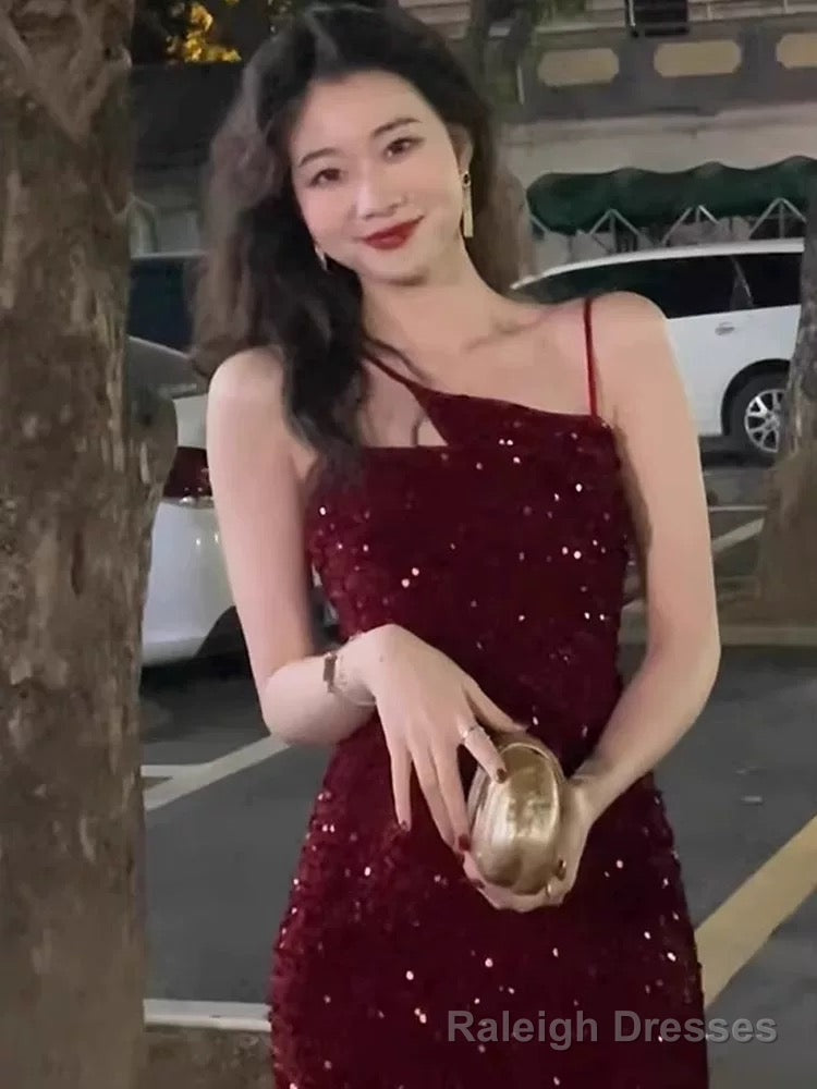 Gorgeous Sheath Spaghetti Straps Wine Red Sequin Evening Dress Prom Dresses Birthday Outfits Secondary image