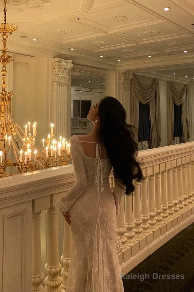 Gorgeous Sheath Square Neckline Long Sleeves Date Night Dress White Lace Prom Dresses Birthday Outfits