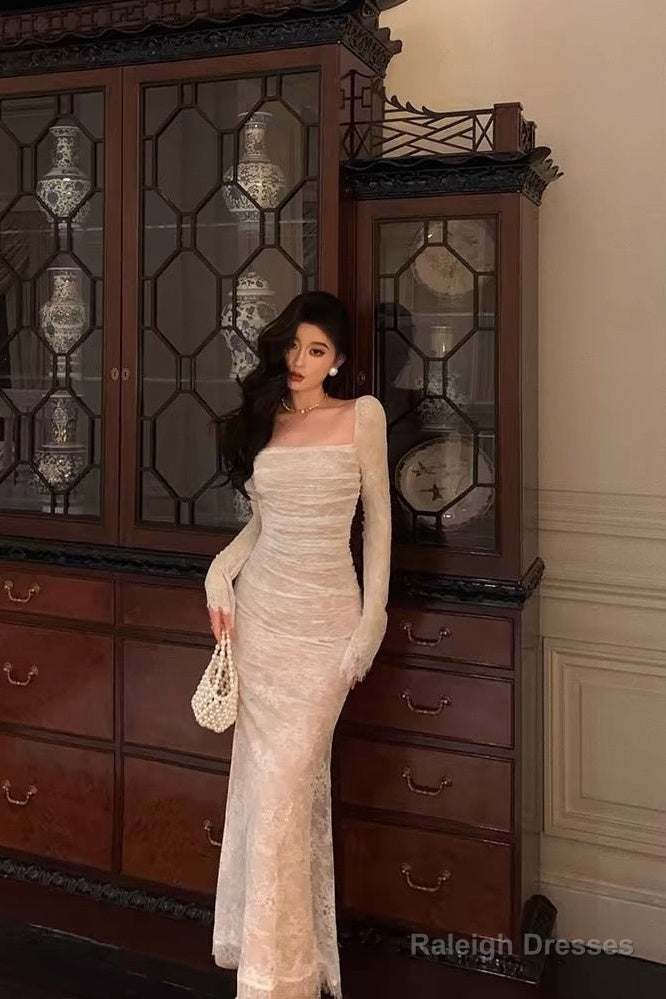 Gorgeous Sheath Square Neckline Long Sleeves Date Night Dress White Lace Prom Dresses Birthday Outfits