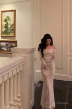 Gorgeous Sheath Square Neckline Long Sleeves Date Night Dress White Lace Prom Dresses Birthday Outfits