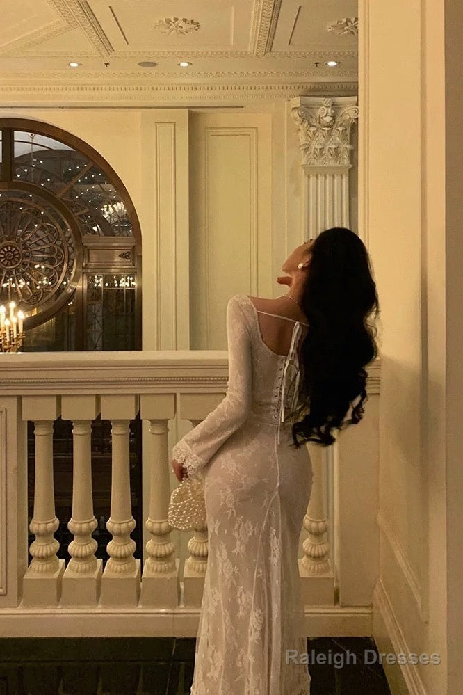 Gorgeous Sheath Square Neckline Long Sleeves Date Night Dress White Lace Prom Dresses Birthday Outfits