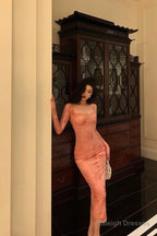 Gorgeous Sheath Square Neckline Long Sleeves Pink Lace Date Night Dress Long Prom Dresses Birthday Outfits