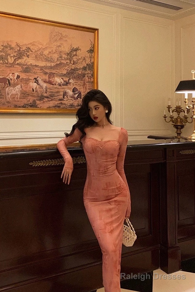 Gorgeous Sheath Square Neckline Long Sleeves Pink Lace Date Night Dresses Prom Dress Long Birthday Outfits