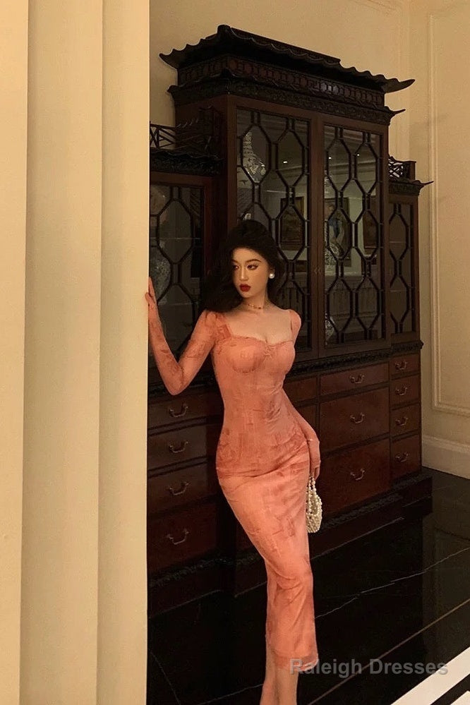 Gorgeous Sheath Square Neckline Long Sleeves Pink Lace Date Night Dress Long Prom Dresses Birthday Outfits