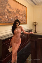 Gorgeous Sheath Square Neckline Long Sleeves Pink Lace Date Night Dress Long Prom Dresses Birthday Outfits