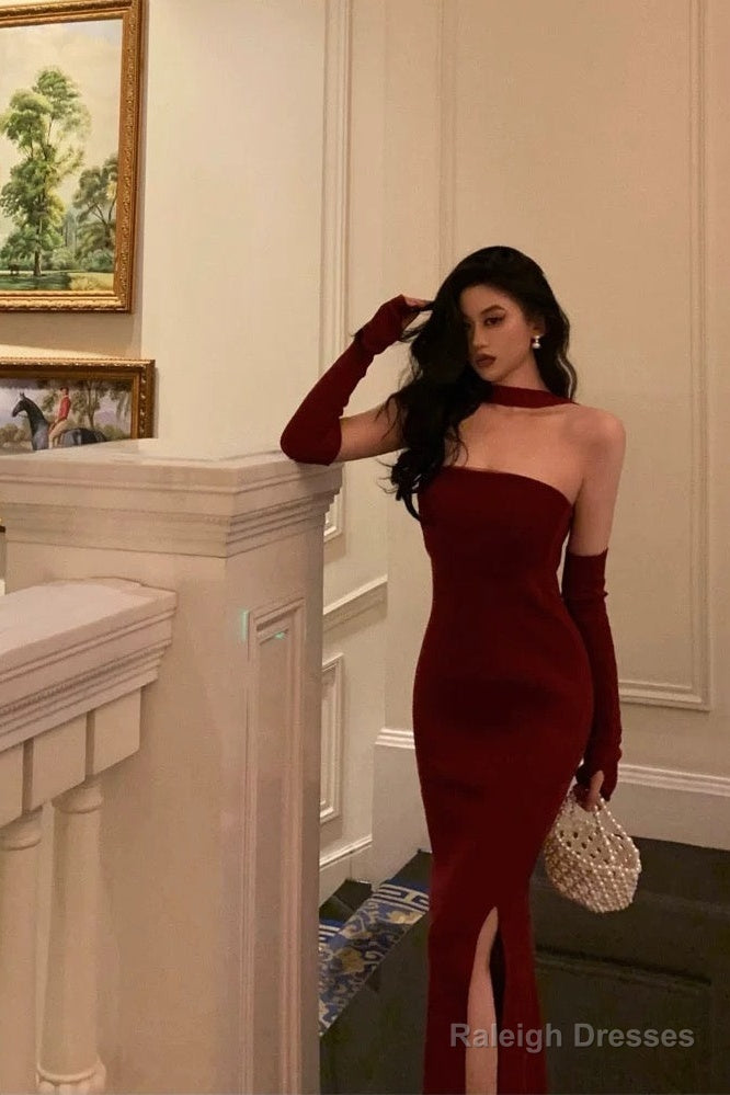 Gorgeous Sheath Strapless Burgundy Date Night Dresses Tulle Prom Dress With Gloves Prom Dresses Birthday Outfits