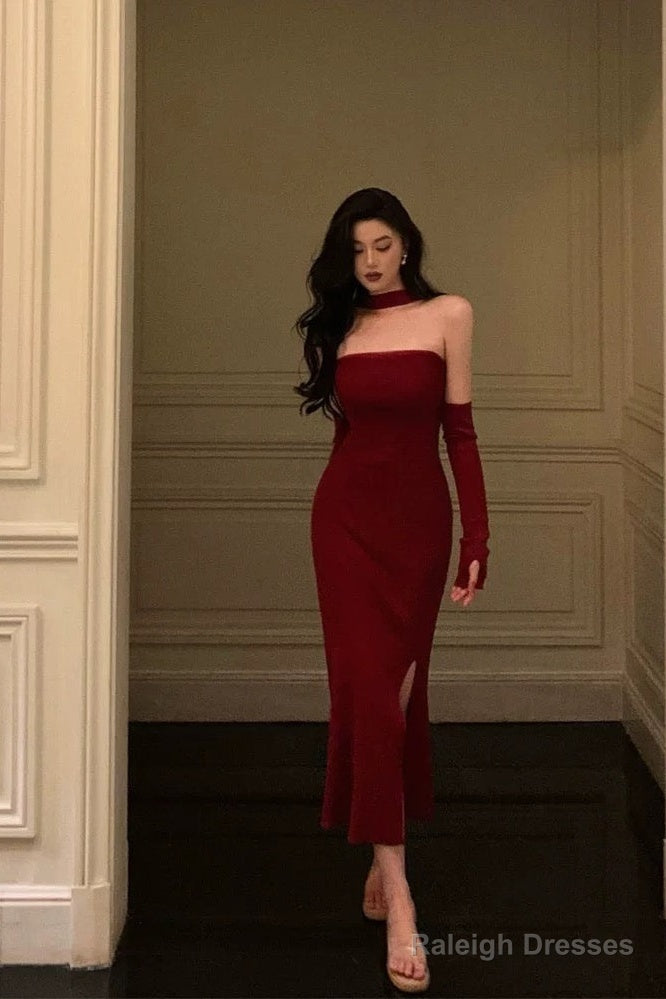 Gorgeous Sheath Strapless Burgundy Date Night Dresses Tulle Prom Dress With Gloves Prom Dresses Birthday Outfits