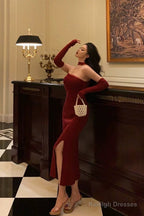 Gorgeous Sheath Strapless Burgundy Date Night Dresses Tulle Prom Dress With Gloves Prom Dresses Birthday Outfits