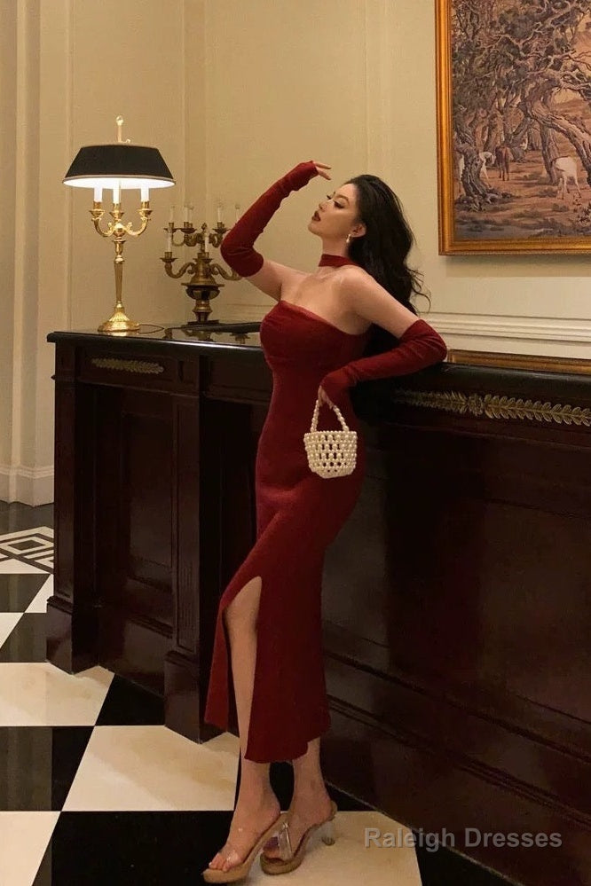 Gorgeous Sheath Strapless Burgundy Date Night Dresses Tulle Prom Dress With Gloves Prom Dresses Birthday Outfits