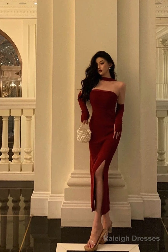 Gorgeous Sheath Strapless Burgundy Date Night Dresses Tulle Prom Dress With Gloves Prom Dresses Birthday Outfits