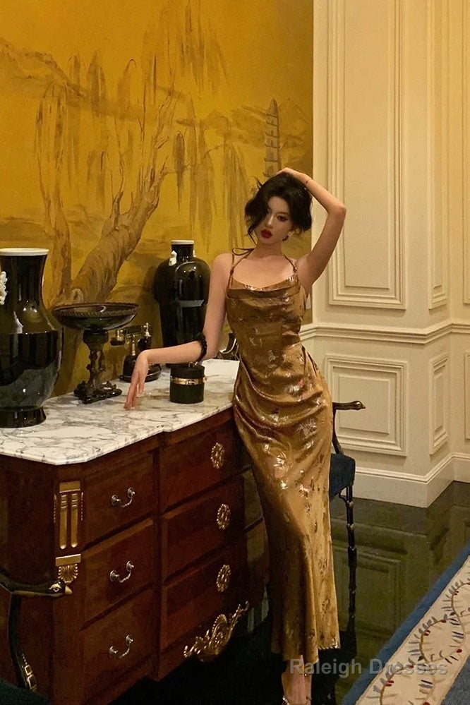 Gorgeous Sheath Straps Gold Satin Date Night Dresses Prom Dress Long Birthday Outfits