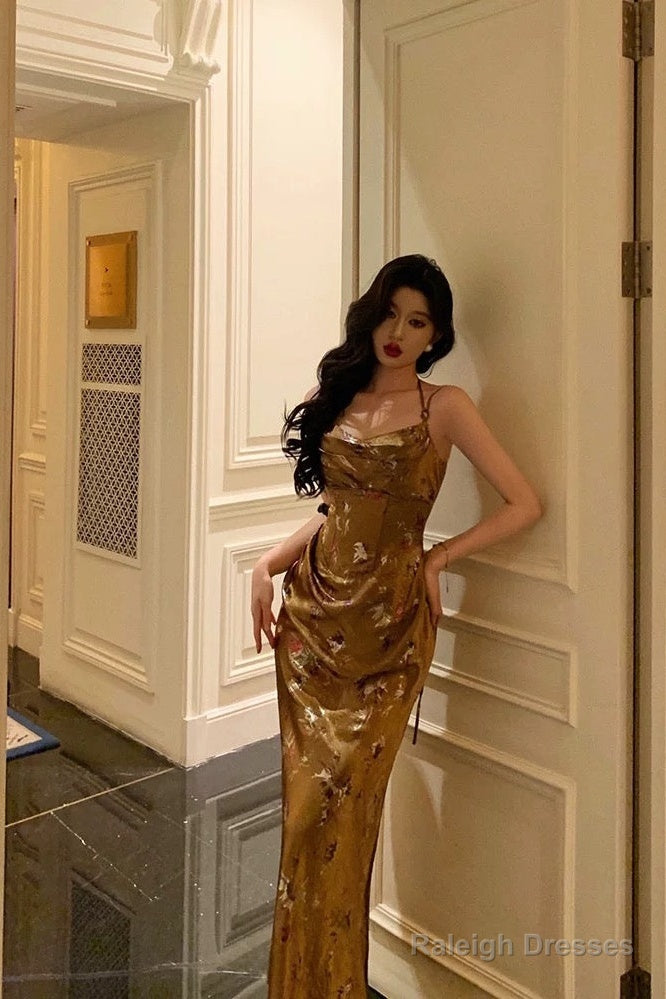 Gorgeous Sheath Straps Gold Satin Date Night Dresses Prom Dress Long Birthday Outfits
