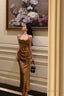 Gorgeous Sheath Straps Gold Satin Date Night Dresses Prom Dress Long Birthday Outfits