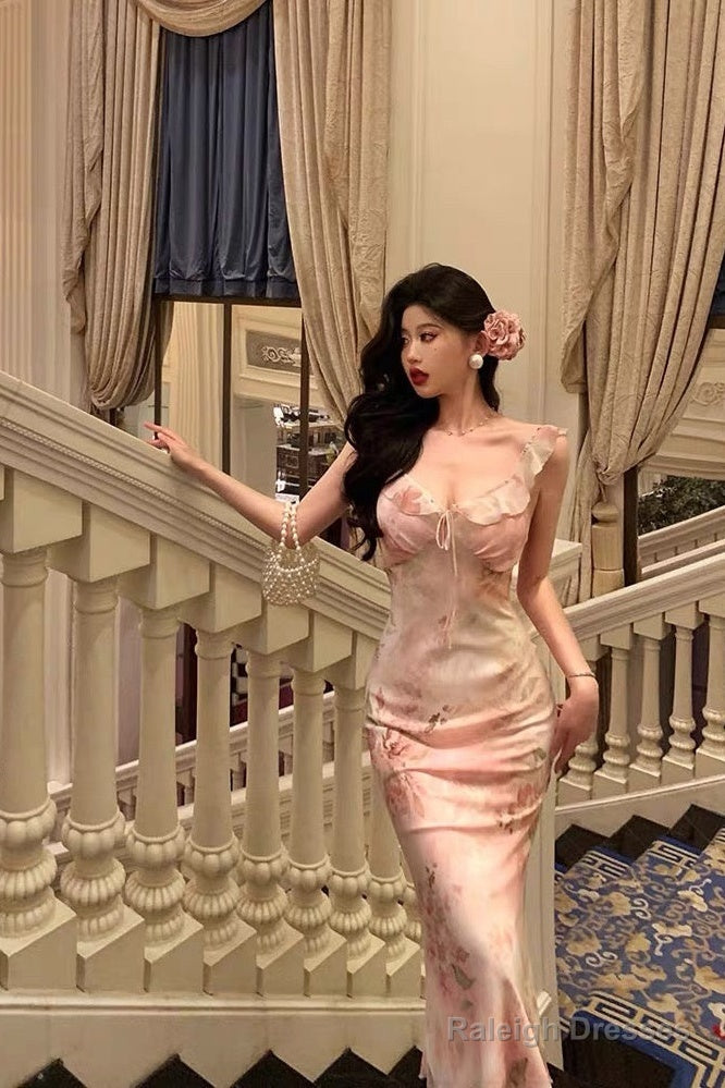 Gorgeous Sheath V Neckline Date Night Dress Floral Pink Prom Dresses Party Dress Birthday Outfits