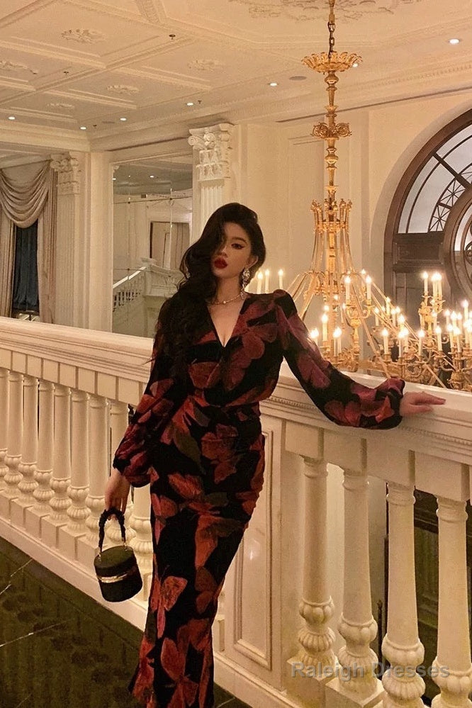 Gorgeous Sheath V Neckline Pink Floral Date Night Dress Long Prom Dresses Birthday Outfits Secondary image