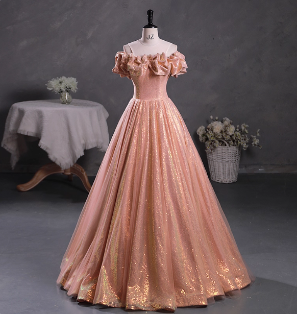Gorgeous Shimmering Pink-Gold Ruched Sequin Sheer Tulle Long Ball Gown Prom Dress Sweet 16 Dress