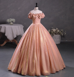 Gorgeous Shimmering Pink-Gold Ruched Sequin Sheer Tulle Long Ball Gown Prom Dress Sweet 16 Dress