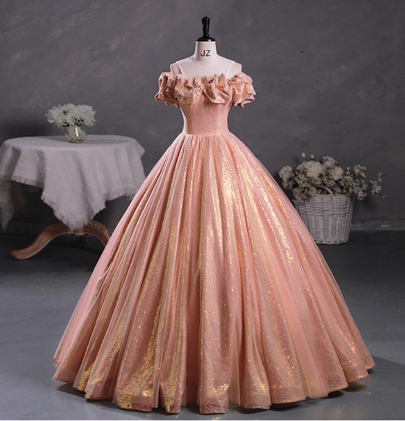 Gorgeous Shimmering Pink-Gold Ruched Sequin Sheer Tulle Long Ball Gown Prom Dress Sweet 16 Dress Main image