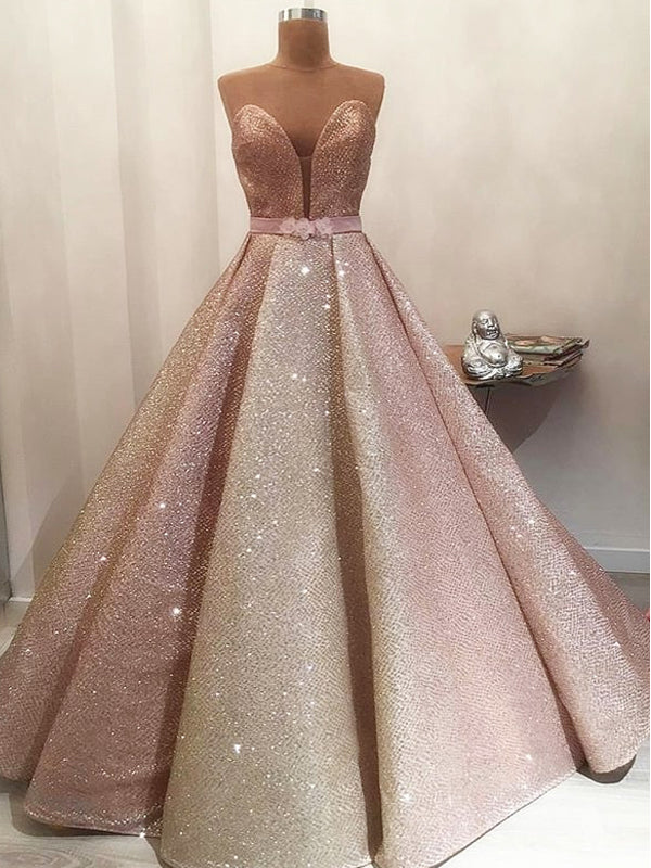 Gorgeous Shiny Rose Gold Satin Strapless Ball Gown Formal Prom Dress Secondary image