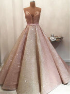Gorgeous Shiny Rose Gold Satin Strapless Ball Gown Formal Prom Dress
