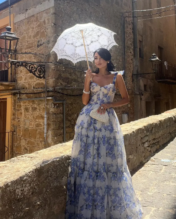 Elegant Floral Print Chiffon Prom Dress Long Prom Dress