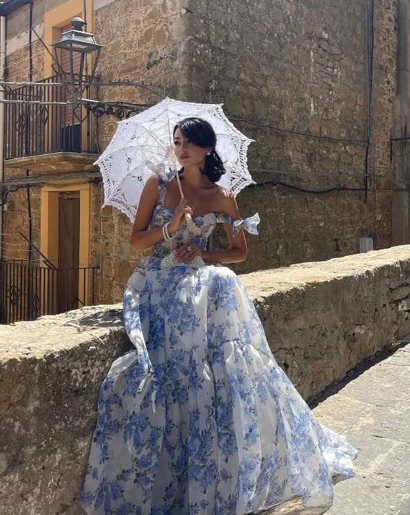 Elegant Floral Print Chiffon Prom Dress Long Prom Dress