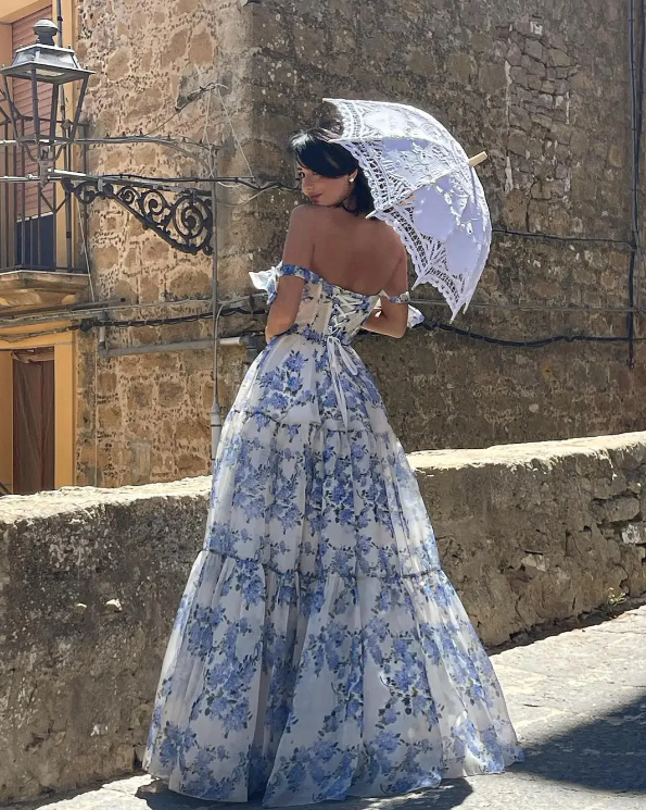 Elegant Floral Print Chiffon Prom Dress Long Prom Dress