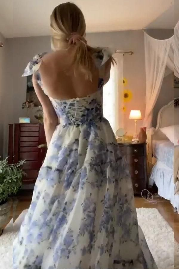 Elegant Floral Print Chiffon Prom Dress Long Prom Dress