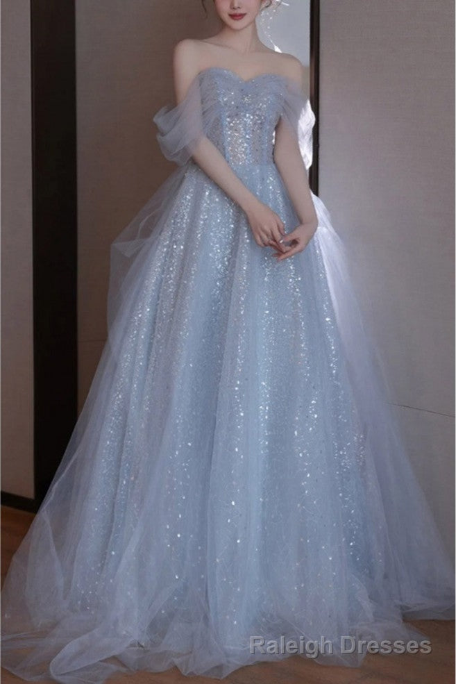 Gorgeous Silver Bling Tulle Off Shoulder Prom Dress Main image