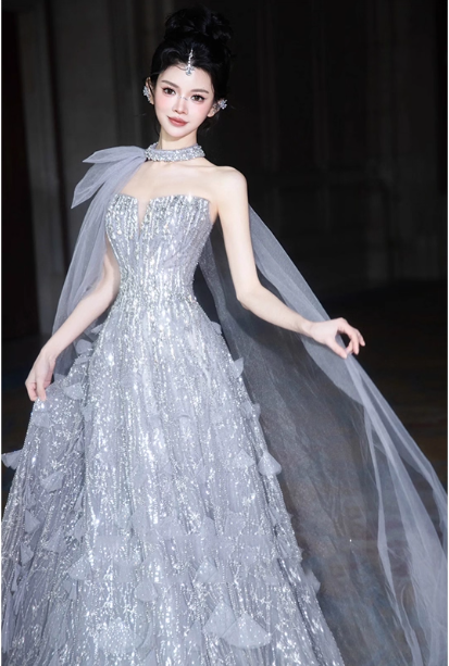 Gorgeous Silver Gray A-Line Strapless Sequined Train Formal Prom Dress