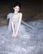 Gorgeous Silver Gray A-Line Strapless Sequined Train Formal Prom Dress