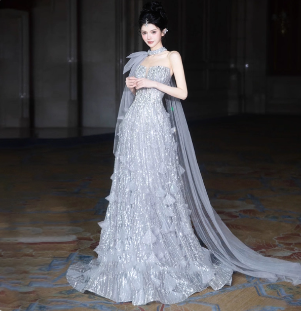 Gorgeous Silver Gray A-Line Strapless Sequined Train Formal Prom Dress