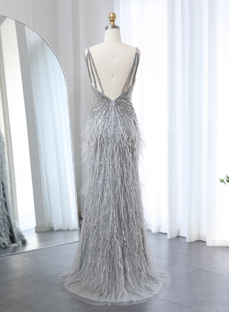 Gorgeous Silver-Grey Spaghetti Strap V-Neck Feather Sequin Slit Long Formal Prom Dress Secondary image