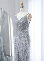 Gorgeous Silver-Grey Spaghetti Strap V-Neck Feather Sequin Slit Long Formal Prom Dress