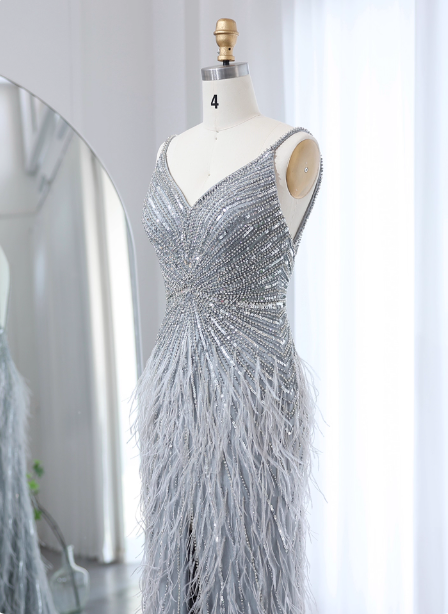 Gorgeous Silver-Grey Spaghetti Strap V-Neck Feather Sequin Slit Long Formal Prom Dress