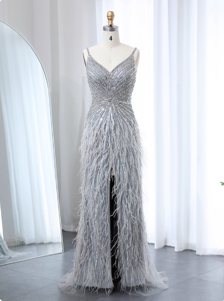 Gorgeous Silver-Grey Spaghetti Strap V-Neck Feather Sequin Slit Long Formal Prom Dress Main image