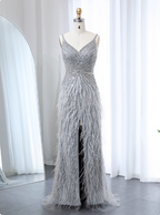Gorgeous Silver-Grey Spaghetti Strap V-Neck Feather Sequin Slit Long Formal Prom Dress