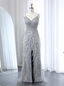 Gorgeous Silver-Grey Spaghetti Strap V-Neck Feather Sequin Slit Long Formal Prom Dress