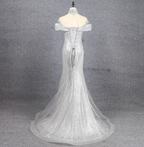 Gorgeous Silver Mermaid Off-The-Shoulder Beaded Sparkly Tulle Train Formal Prom Dress