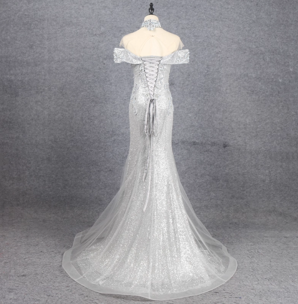 Gorgeous Silver Mermaid Off-The-Shoulder Beaded Sparkly Tulle Train Formal Prom Dress