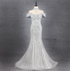 Gorgeous Silver Mermaid Off-The-Shoulder Beaded Sparkly Tulle Train Formal Prom Dress