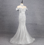 Gorgeous Silver Mermaid Off-The-Shoulder Beaded Sparkly Tulle Train Formal Prom Dress