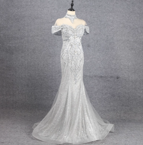 Gorgeous Silver Mermaid Off-The-Shoulder Beaded Sparkly Tulle Train Formal Prom Dress