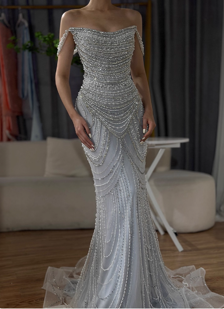 Gorgeous Silver Mermaid Off-The-Shoulder Pearl Chain Beaded Tulle Train Formal Prom Dress Secondary image
