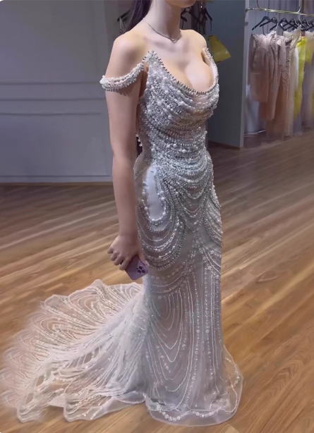 Gorgeous Silver Mermaid Off-The-Shoulder Pearl Chain Beaded Tulle Train Formal Prom Dress Main image