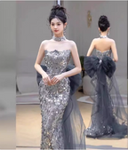 Gorgeous Silver Mermaid Strapless Bow Sequined Train Formal Prom Dress