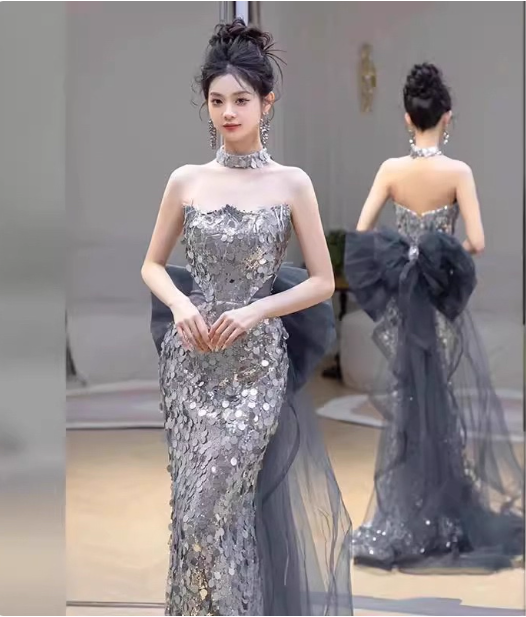 Gorgeous Silver Mermaid Strapless Bow Sequined Train Formal Prom Dress