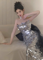 Gorgeous Silver Mermaid Strapless Bow Sequined Train Formal Prom Dress