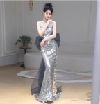 Gorgeous Silver Mermaid Strapless Bow Sequined Train Formal Prom Dress
