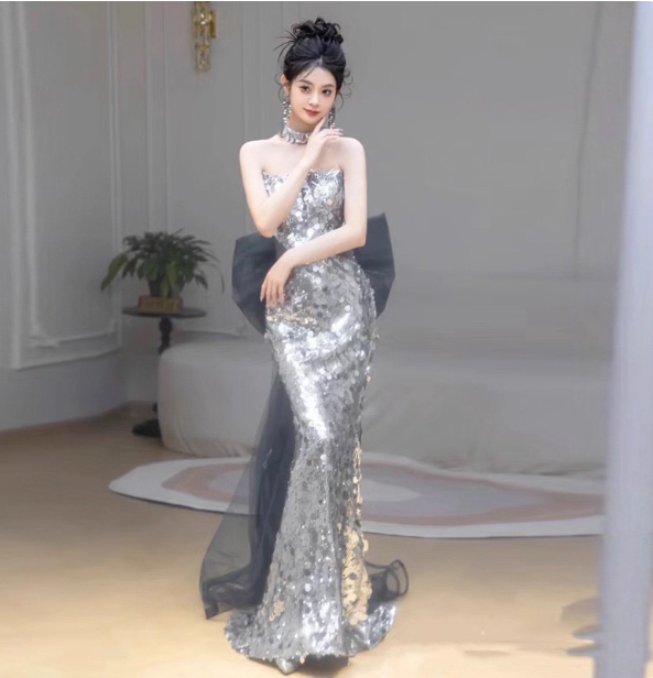 Gorgeous Silver Mermaid Strapless Bow Sequined Train Formal Prom Dress